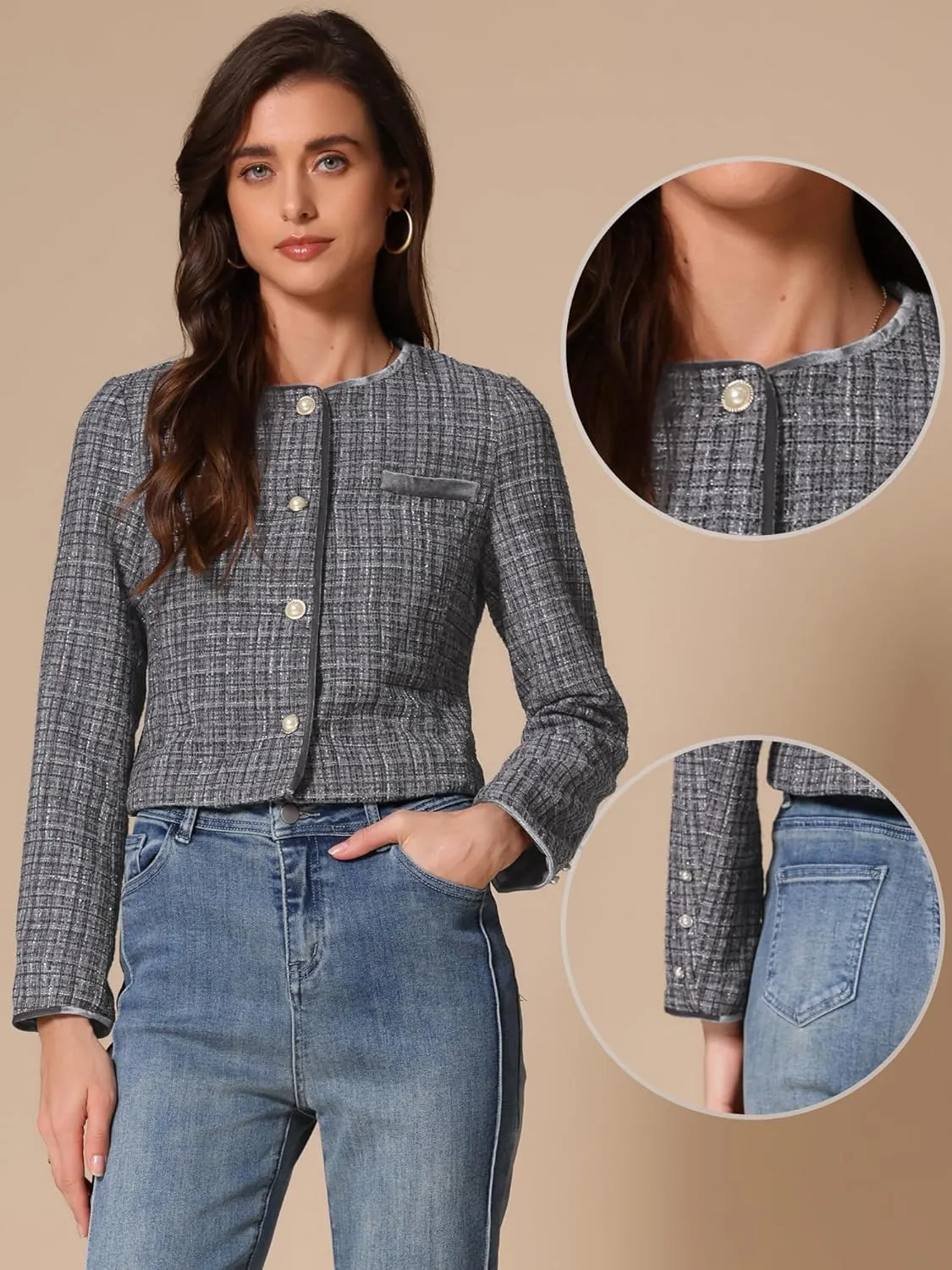 Allegra K Tweed Jacket for Women's Long Sleeve Casual Work Office Plaid Short Outwear