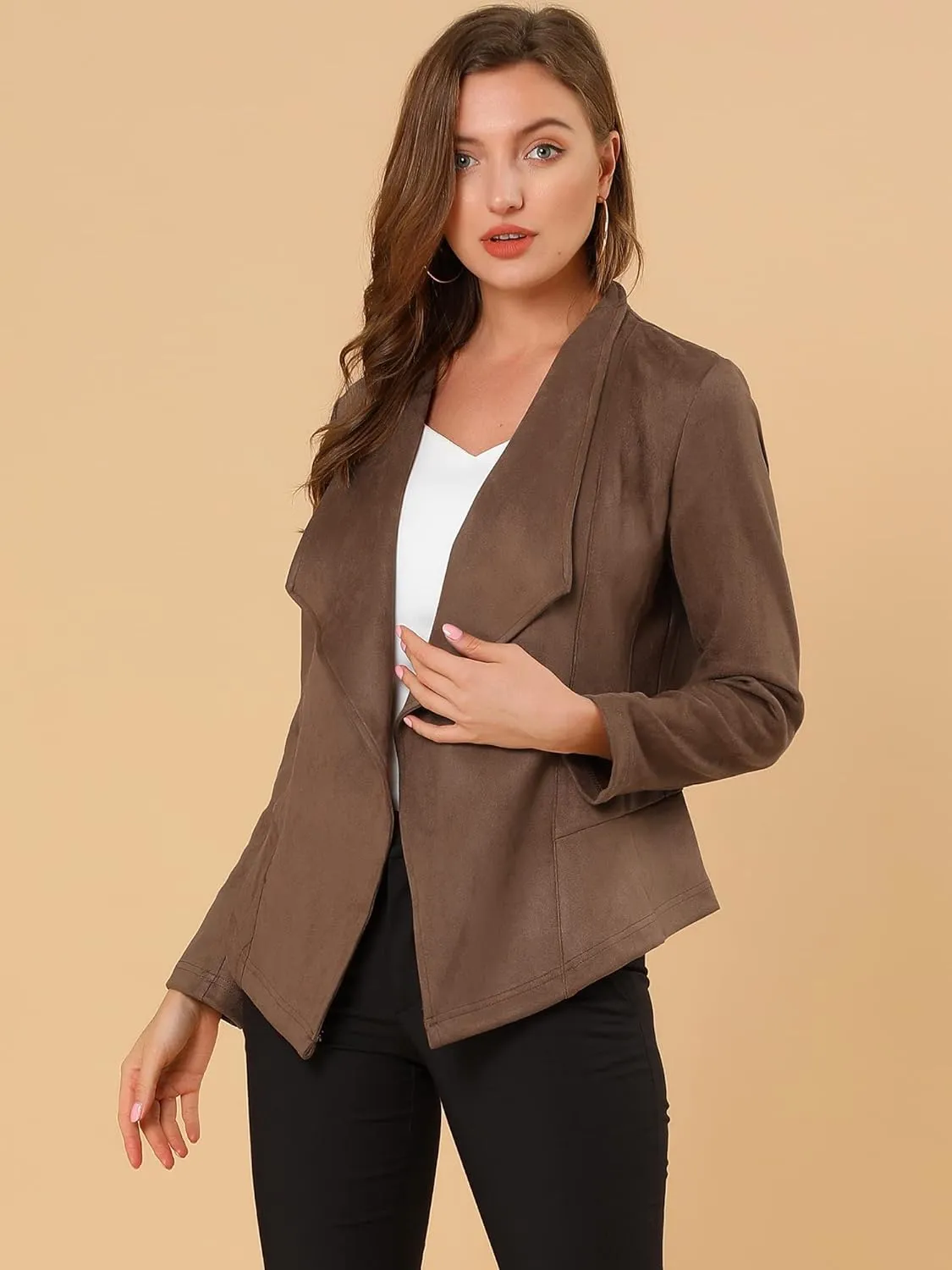 Allegra K Women's Faux Suede Jacket Open Front Lapel Draped Outwear Jacket Blazer