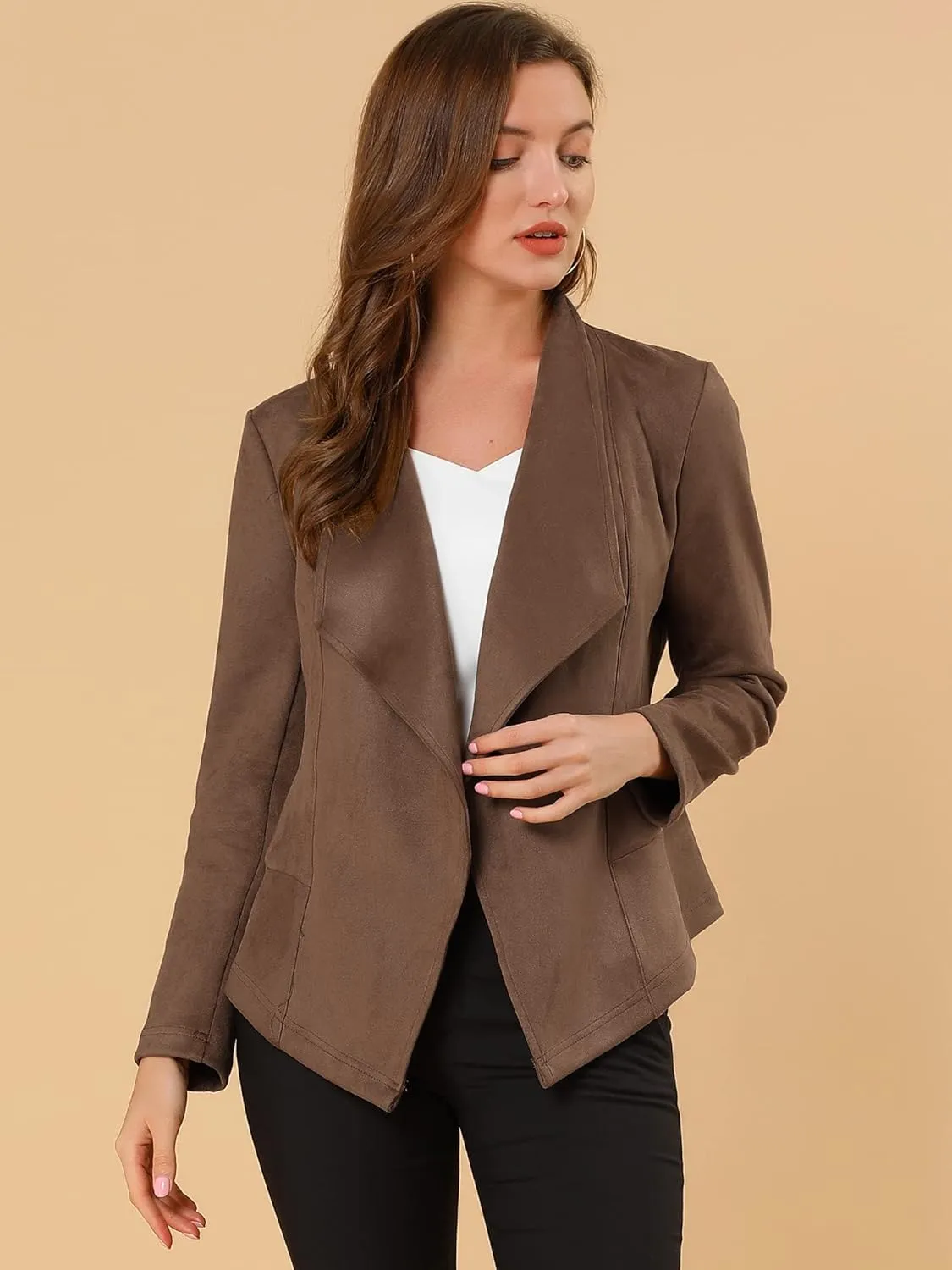 Allegra K Women's Faux Suede Jacket Open Front Lapel Draped Outwear Jacket Blazer