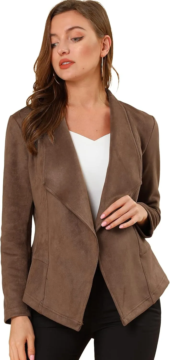 Allegra K Women's Faux Suede Jacket Open Front Lapel Draped Outwear Jacket Blazer