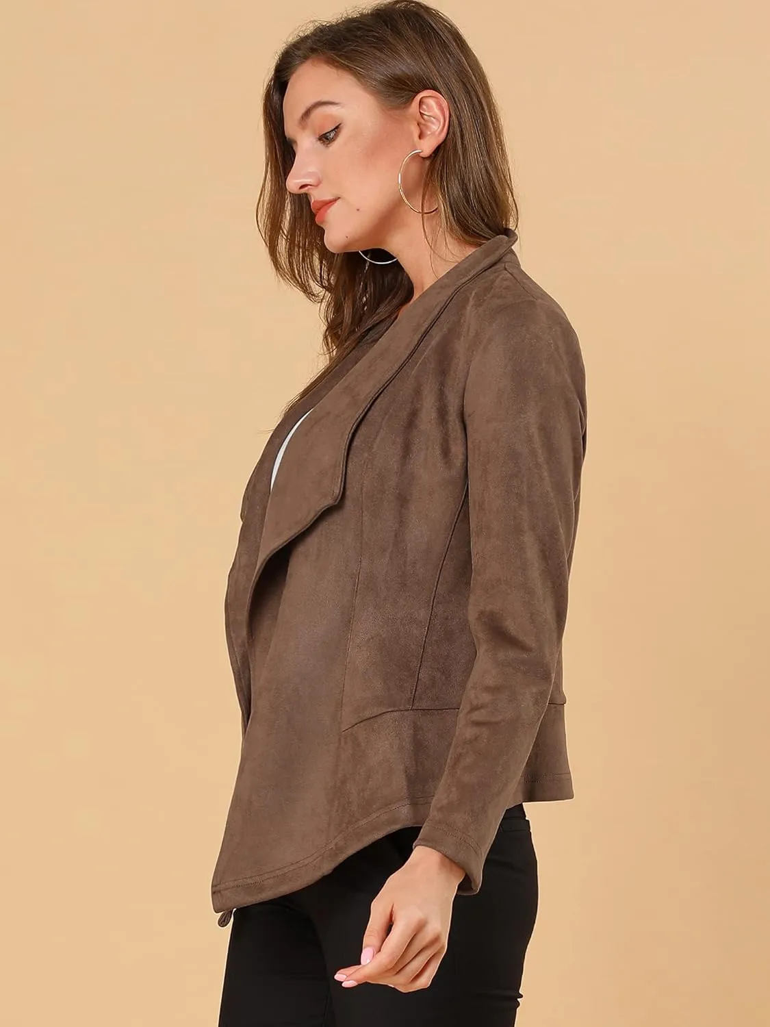 Allegra K Women's Faux Suede Jacket Open Front Lapel Draped Outwear Jacket Blazer