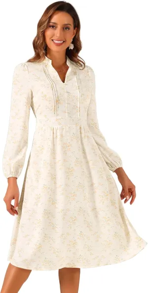 Allegra K Women's Floral Print V Neck Long Sleeve High Waist Pleated Front Spring Flowy Midi Boho Dress