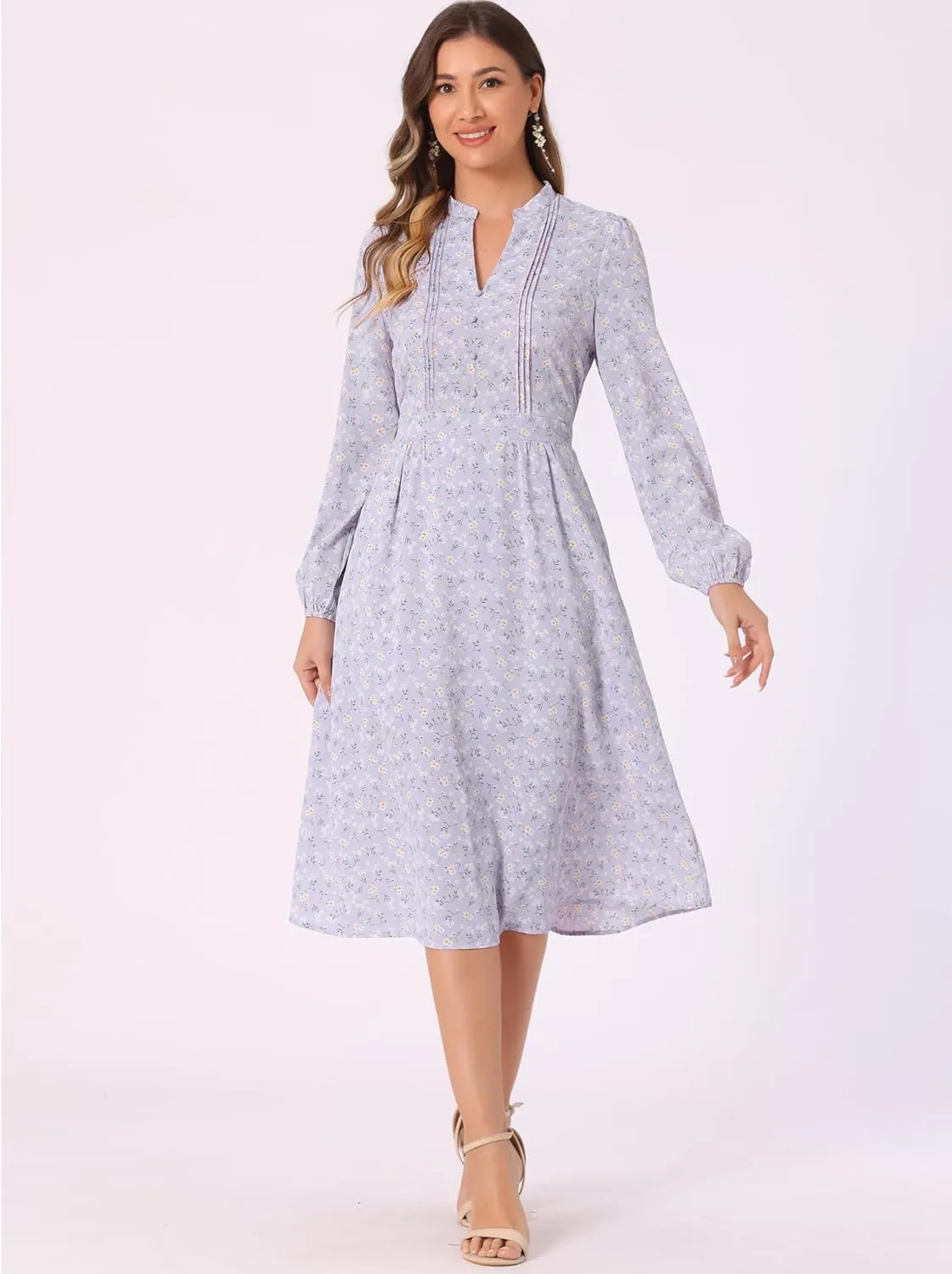 Allegra K Women's Floral Print V Neck Long Sleeve High Waist Pleated Front Spring Flowy Midi Boho Dress