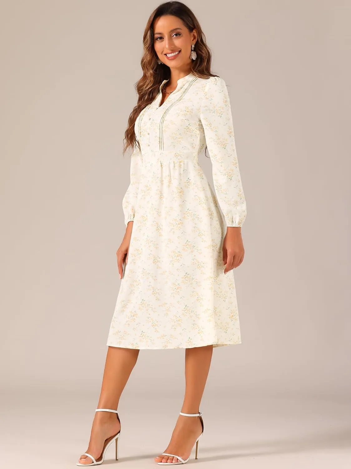 Allegra K Women's Floral Print V Neck Long Sleeve High Waist Pleated Front Spring Flowy Midi Boho Dress
