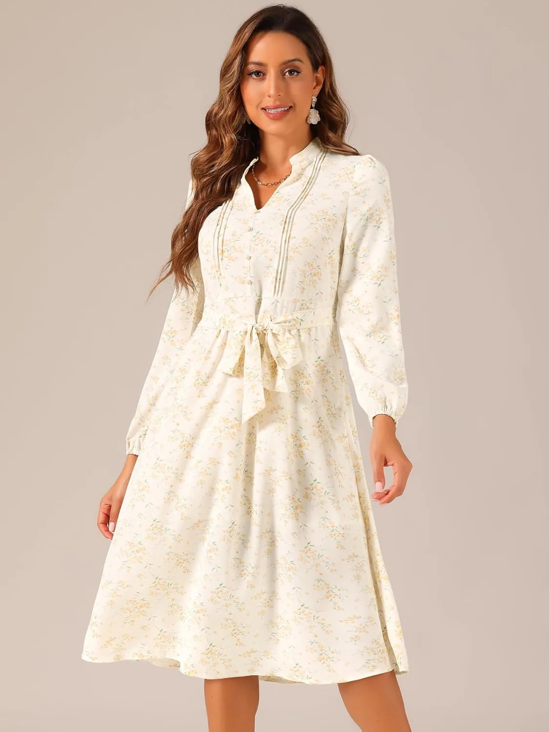 Allegra K Women's Floral Print V Neck Long Sleeve High Waist Pleated Front Spring Flowy Midi Boho Dress