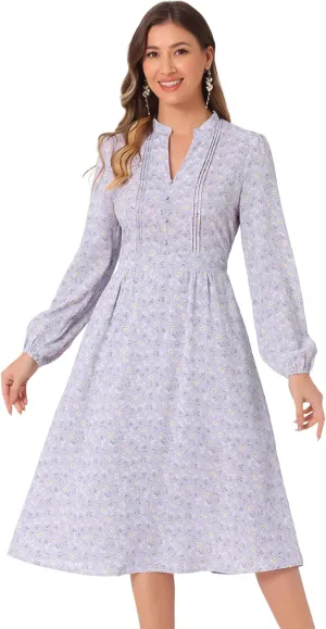 Allegra K Women's Floral Print V Neck Long Sleeve High Waist Pleated Front Spring Flowy Midi Boho Dress