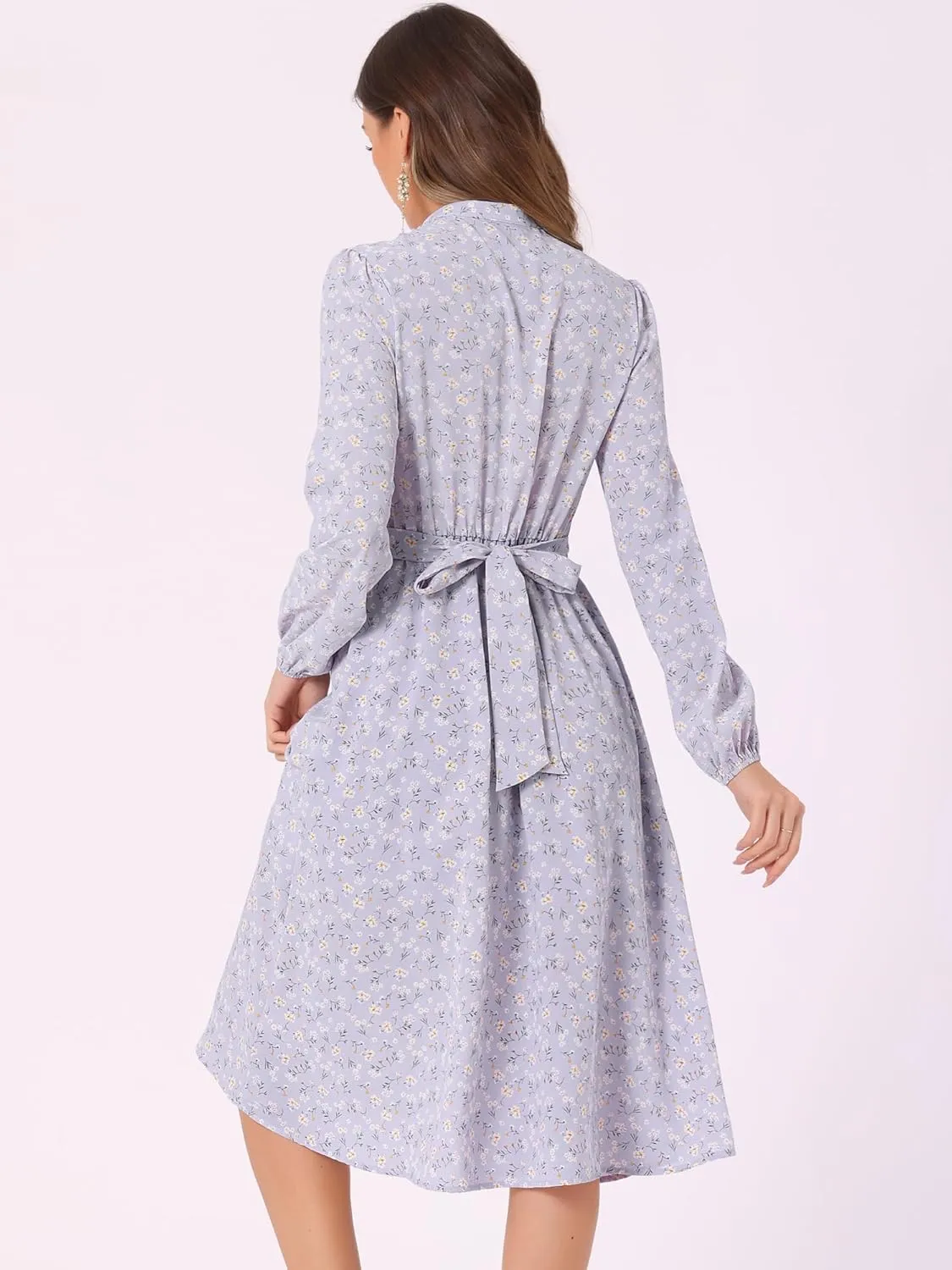 Allegra K Women's Floral Print V Neck Long Sleeve High Waist Pleated Front Spring Flowy Midi Boho Dress