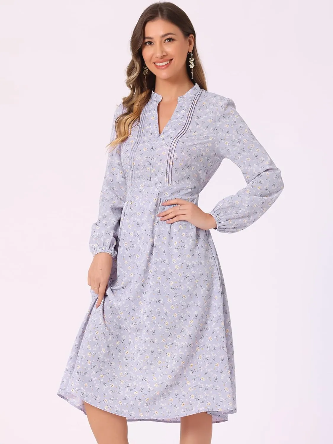 Allegra K Women's Floral Print V Neck Long Sleeve High Waist Pleated Front Spring Flowy Midi Boho Dress