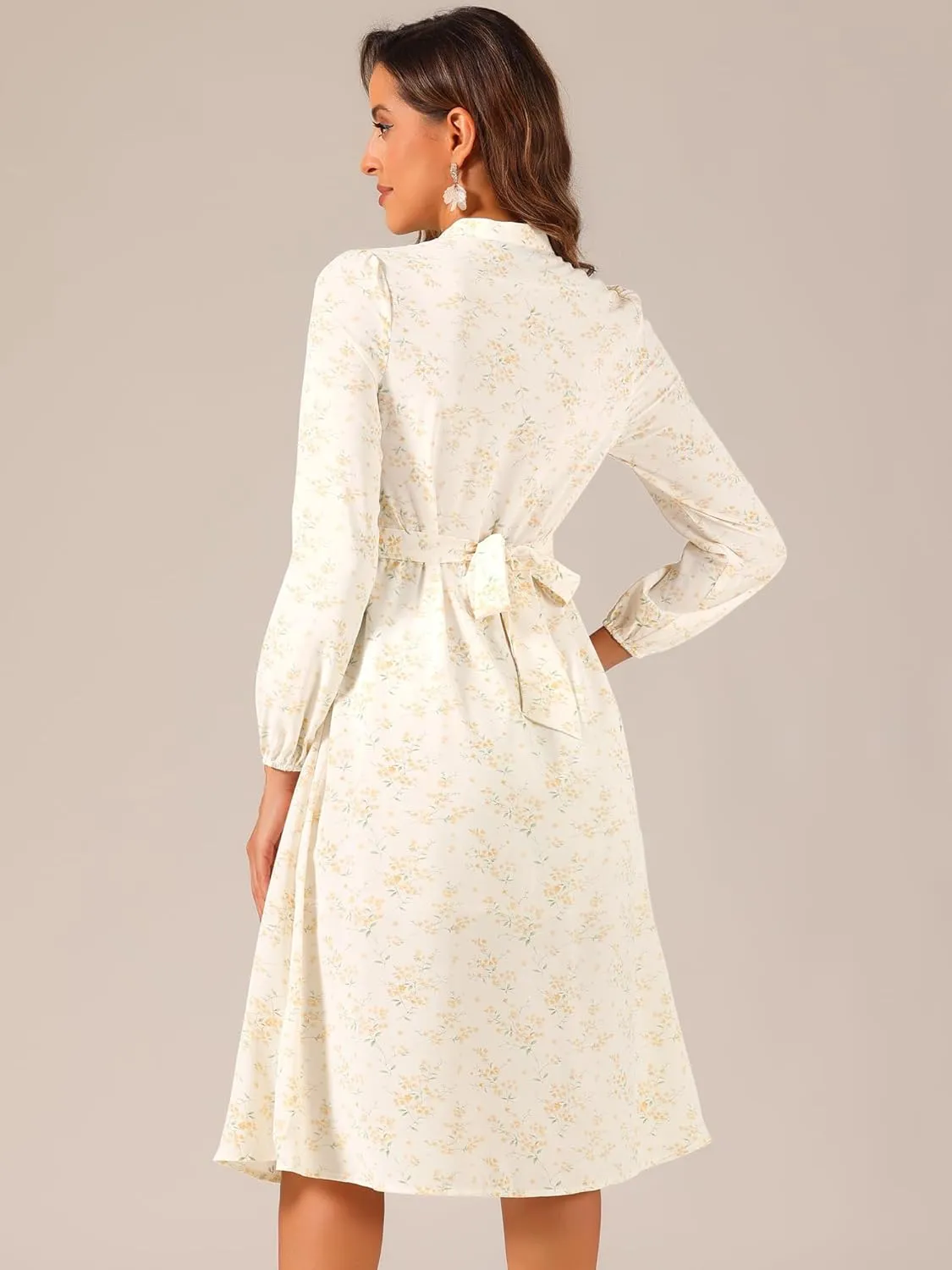 Allegra K Women's Floral Print V Neck Long Sleeve High Waist Pleated Front Spring Flowy Midi Boho Dress