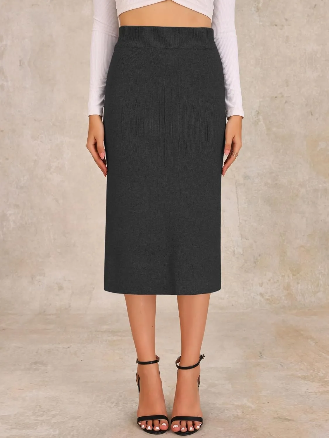 Allegra K Women's Sweater Skirts Ribbed Knit Elastic High Waist Stretchy Slit Casual Office Pencil Midi Skirt