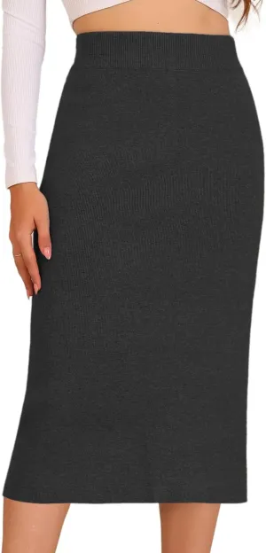 Allegra K Women's Sweater Skirts Ribbed Knit Elastic High Waist Stretchy Slit Casual Office Pencil Midi Skirt