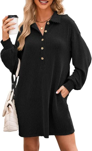AlvaQ Womens Long Sleeve Dress Loose Button Front Lapel Collared Ribbed Knit Mini Dresses with Pockets