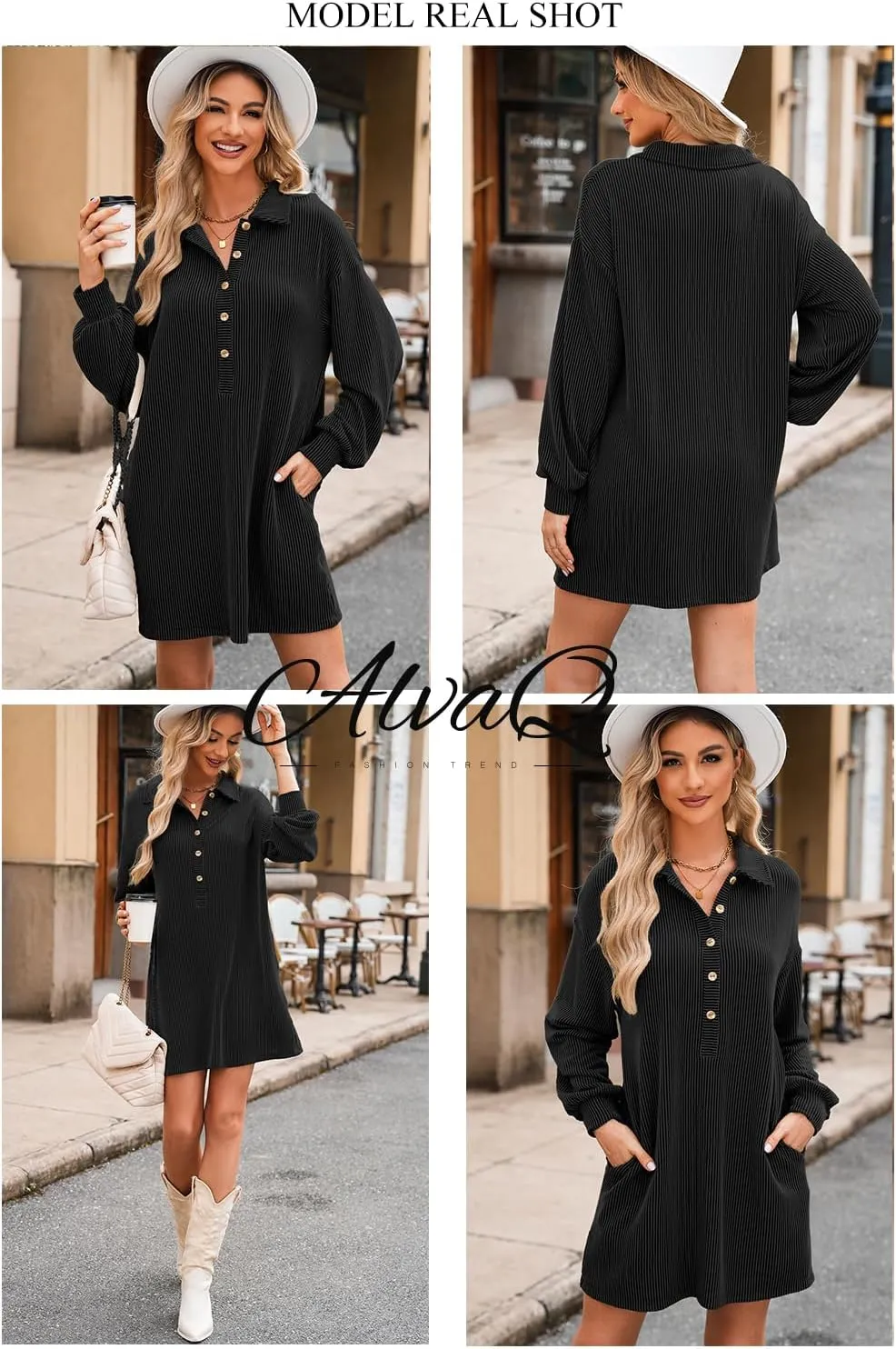 AlvaQ Womens Long Sleeve Dress Loose Button Front Lapel Collared Ribbed Knit Mini Dresses with Pockets