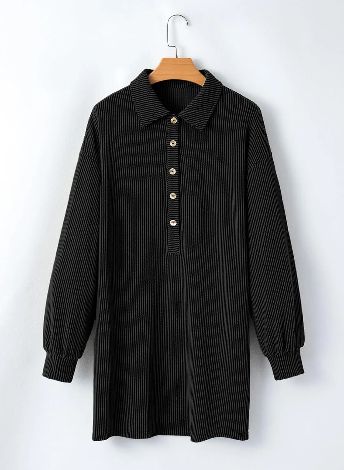 AlvaQ Womens Long Sleeve Dress Loose Button Front Lapel Collared Ribbed Knit Mini Dresses with Pockets
