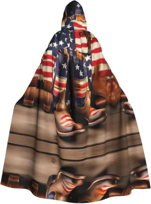 American Flag With Cowboy Boots Print Hooded Cloak Wizard Cape Halloween Witch Costume For Men Women Cosplay Party Capes
