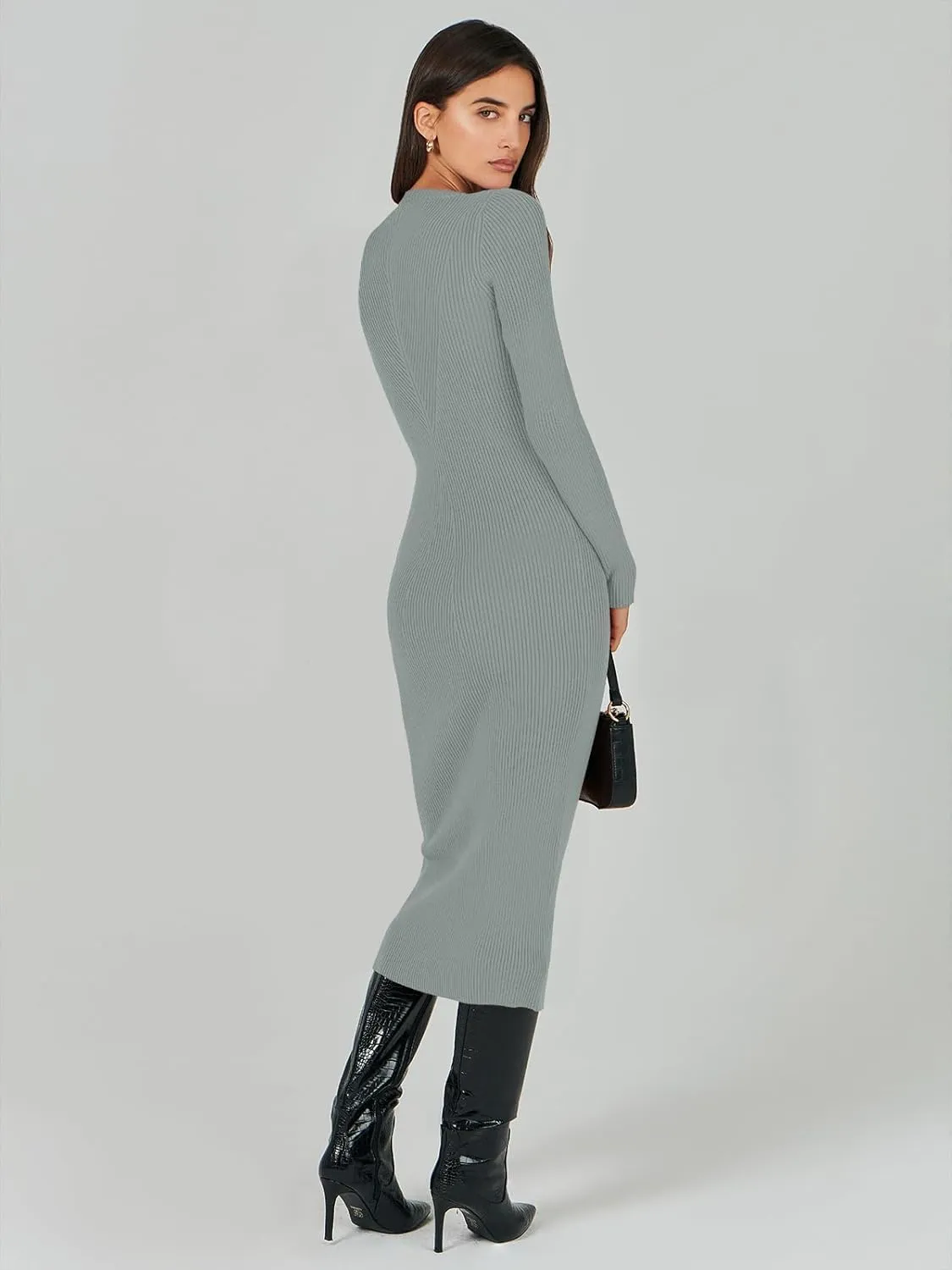 ANRABESS Women Long Sleeve Crewneck Sweater Dress Ribbed Knit Stretch Slim Fit Bodycon Midi Dresses Fall Fashion Outfits