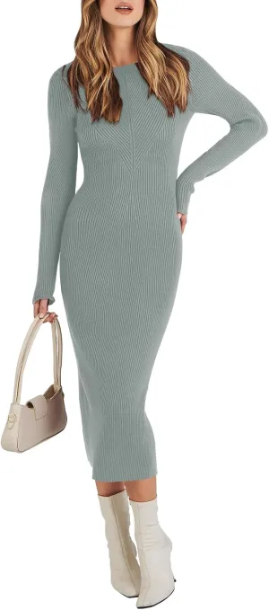 ANRABESS Women Long Sleeve Crewneck Sweater Dress Ribbed Knit Stretch Slim Fit Bodycon Midi Dresses Fall Fashion Outfits
