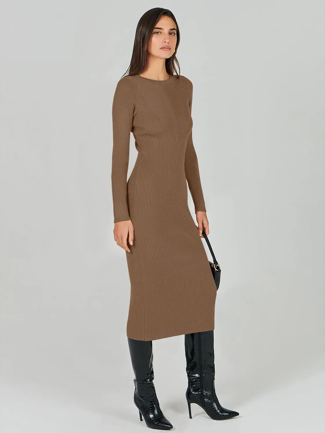 ANRABESS Women Long Sleeve Crewneck Sweater Dress Ribbed Knit Stretch Slim Fit Bodycon Midi Dresses Fall Fashion Outfits