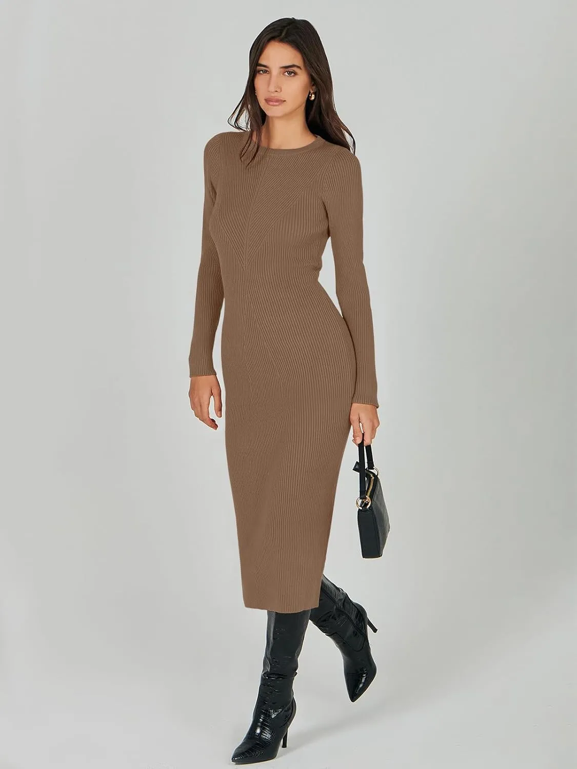 ANRABESS Women Long Sleeve Crewneck Sweater Dress Ribbed Knit Stretch Slim Fit Bodycon Midi Dresses Fall Fashion Outfits