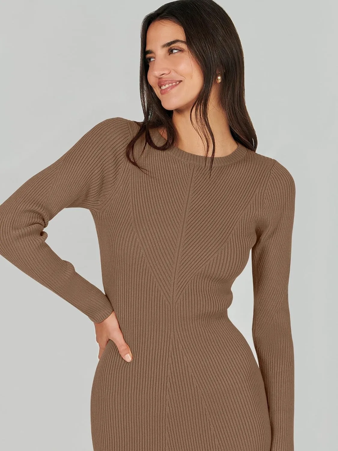 ANRABESS Women Long Sleeve Crewneck Sweater Dress Ribbed Knit Stretch Slim Fit Bodycon Midi Dresses Fall Fashion Outfits