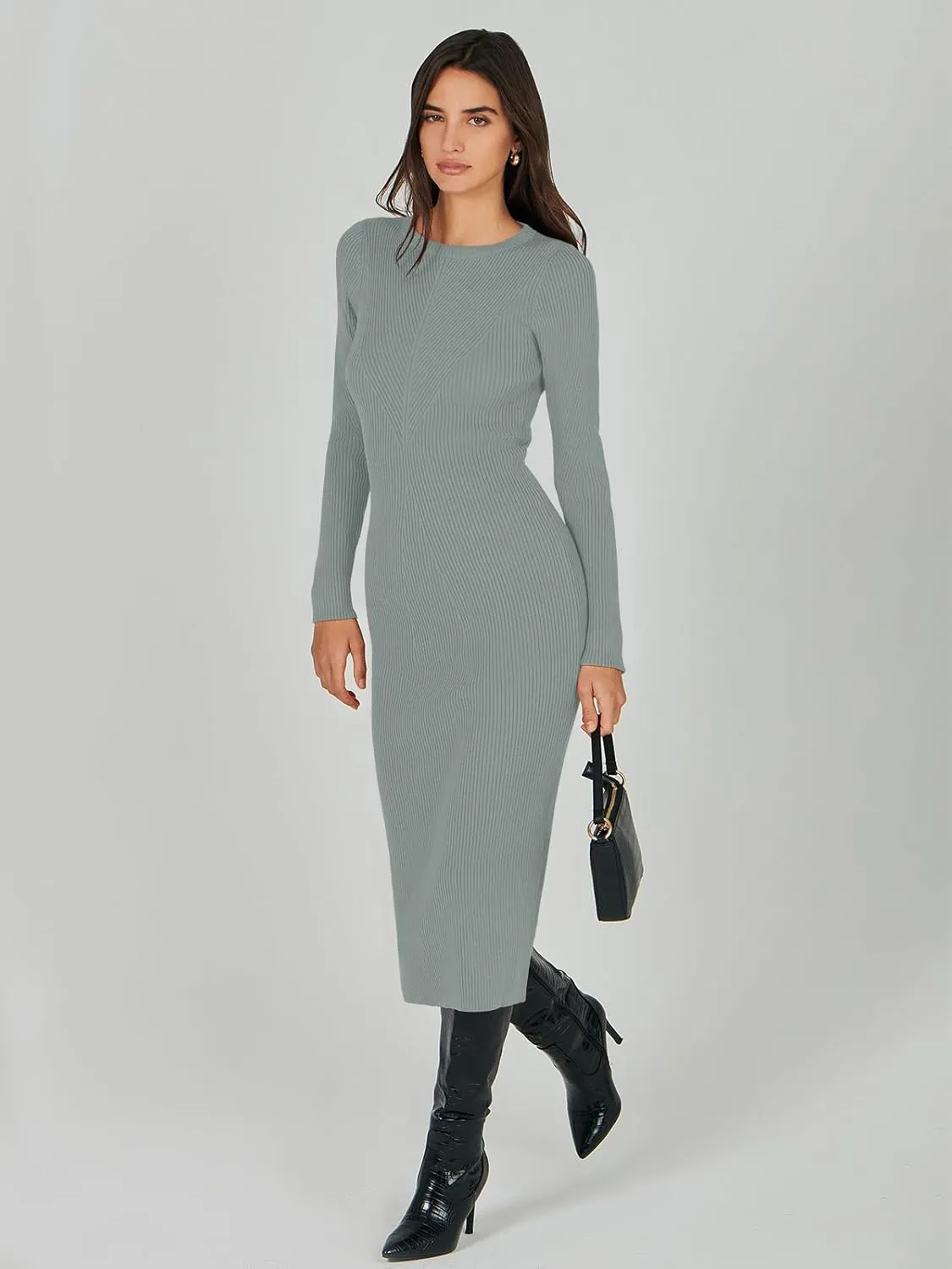 ANRABESS Women Long Sleeve Crewneck Sweater Dress Ribbed Knit Stretch Slim Fit Bodycon Midi Dresses Fall Fashion Outfits