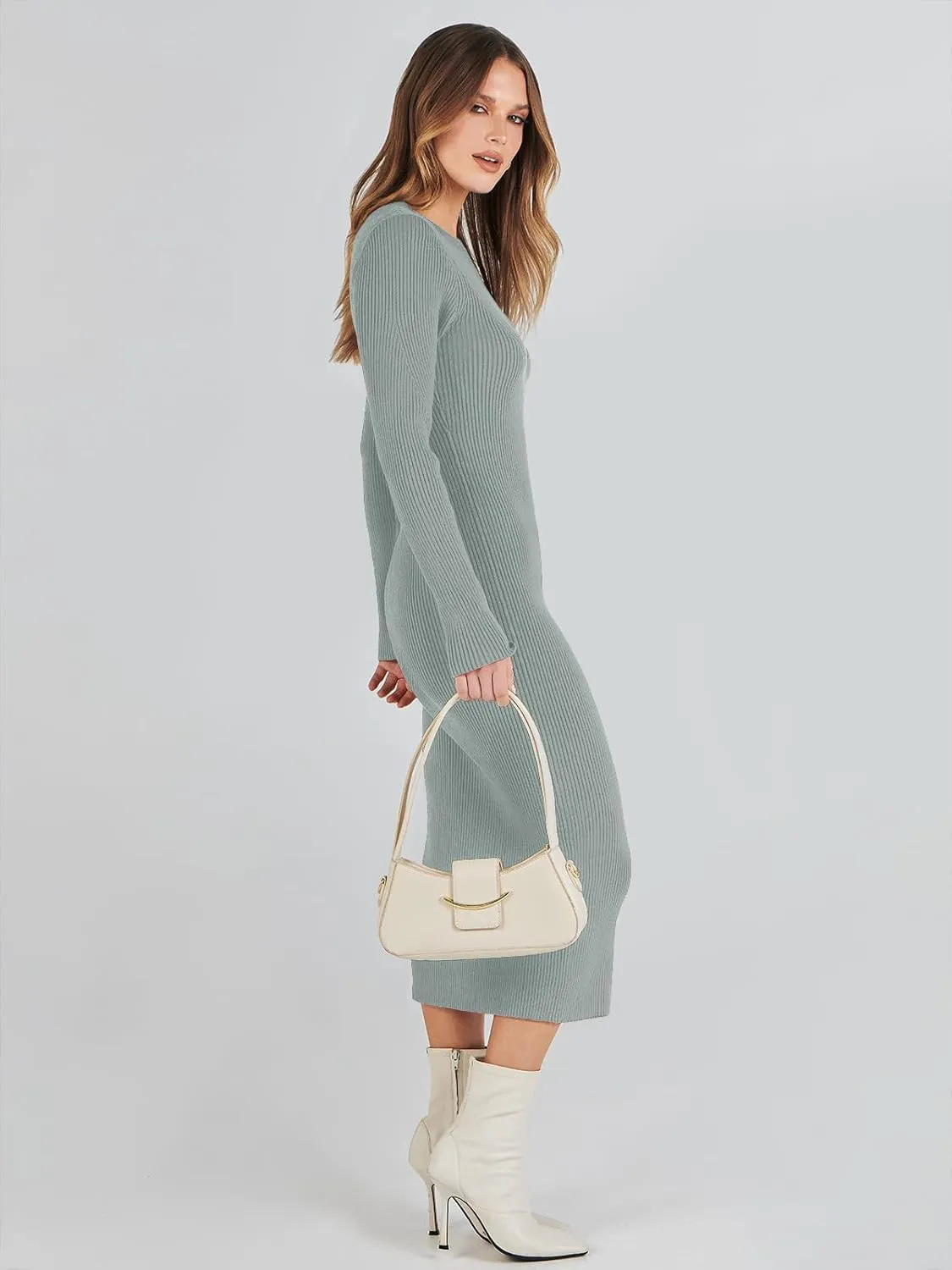 ANRABESS Women Long Sleeve Crewneck Sweater Dress Ribbed Knit Stretch Slim Fit Bodycon Midi Dresses Fall Fashion Outfits