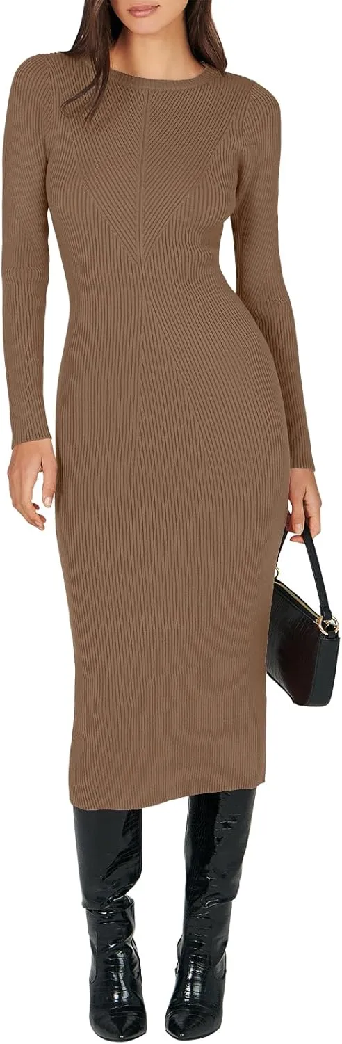 ANRABESS Women Long Sleeve Crewneck Sweater Dress Ribbed Knit Stretch Slim Fit Bodycon Midi Dresses Fall Fashion Outfits