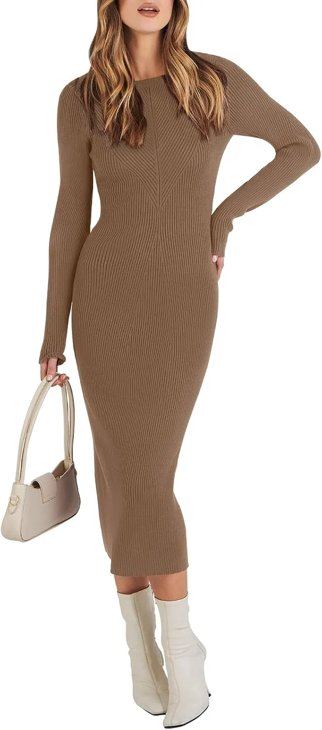 ANRABESS Women Long Sleeve Crewneck Sweater Dress Ribbed Knit Stretch Slim Fit Bodycon Midi Dresses Fall Fashion Outfits