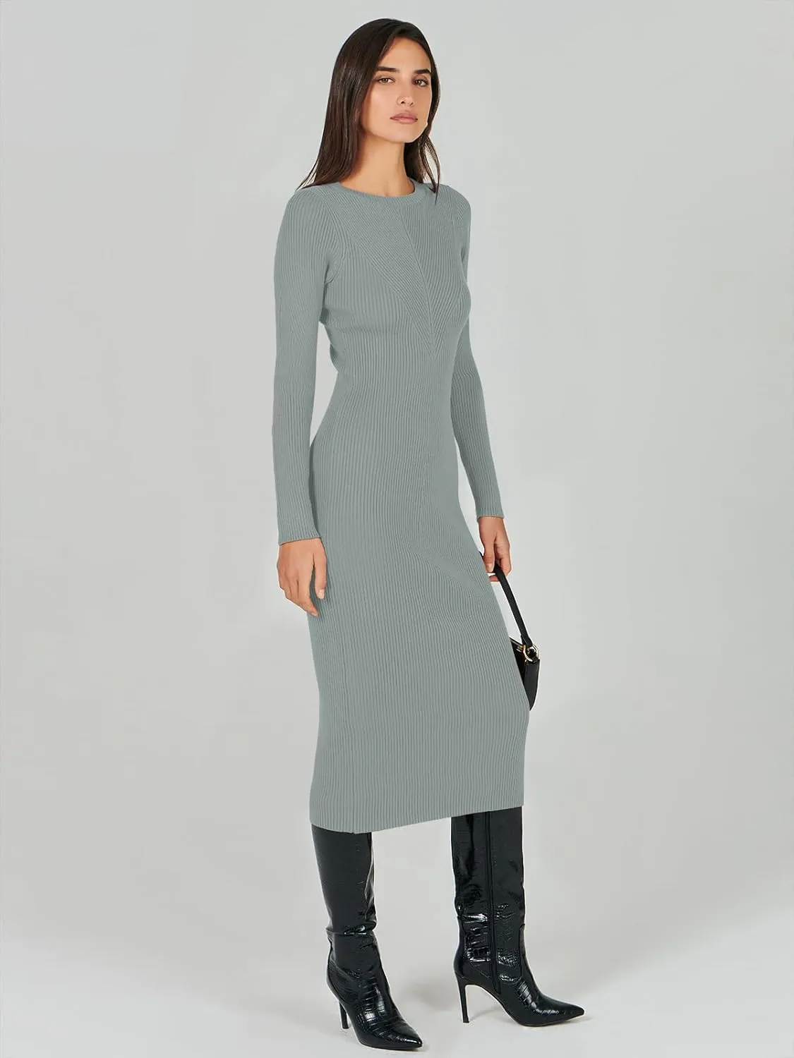 ANRABESS Women Long Sleeve Crewneck Sweater Dress Ribbed Knit Stretch Slim Fit Bodycon Midi Dresses Fall Fashion Outfits