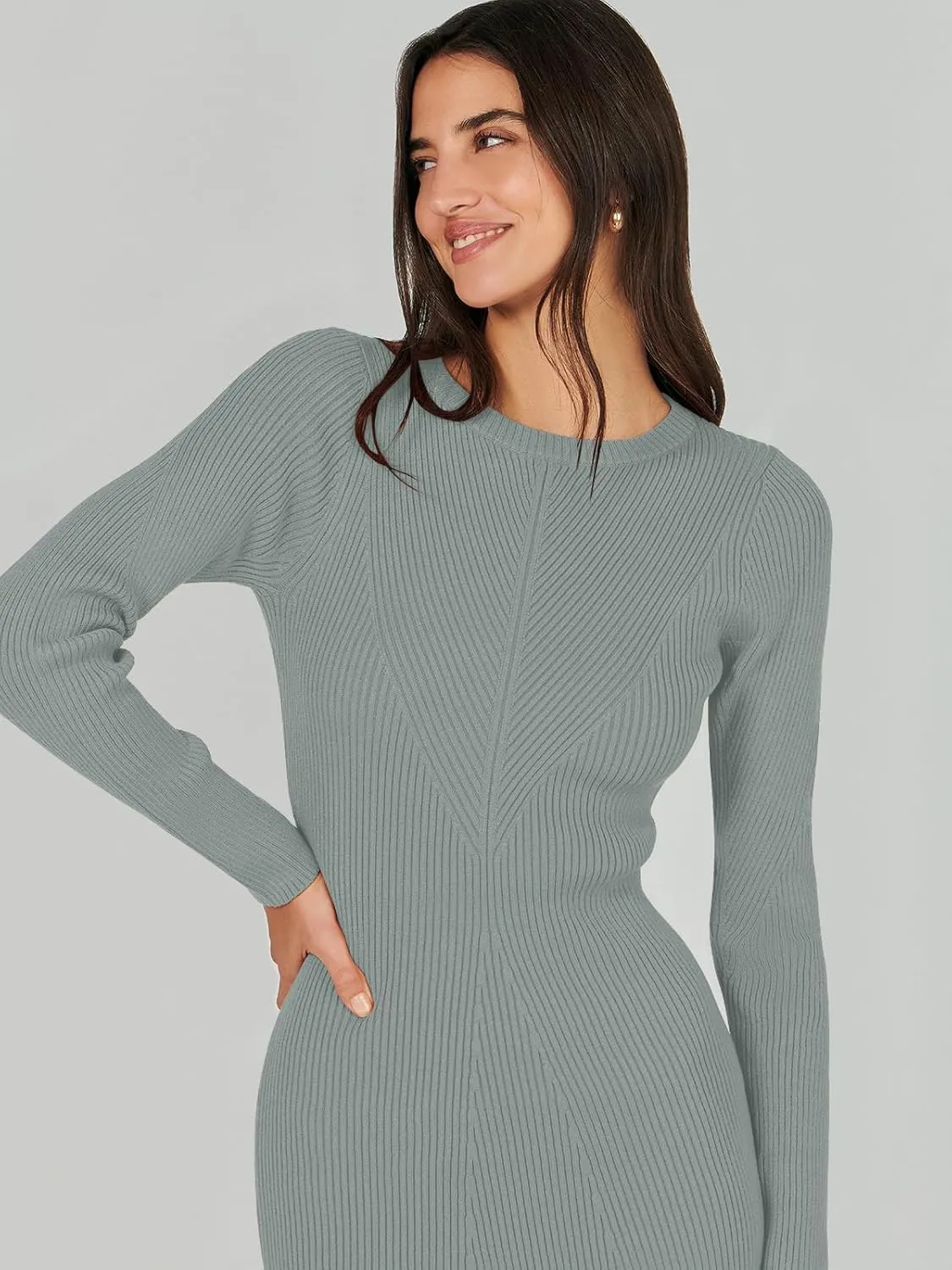ANRABESS Women Long Sleeve Crewneck Sweater Dress Ribbed Knit Stretch Slim Fit Bodycon Midi Dresses Fall Fashion Outfits