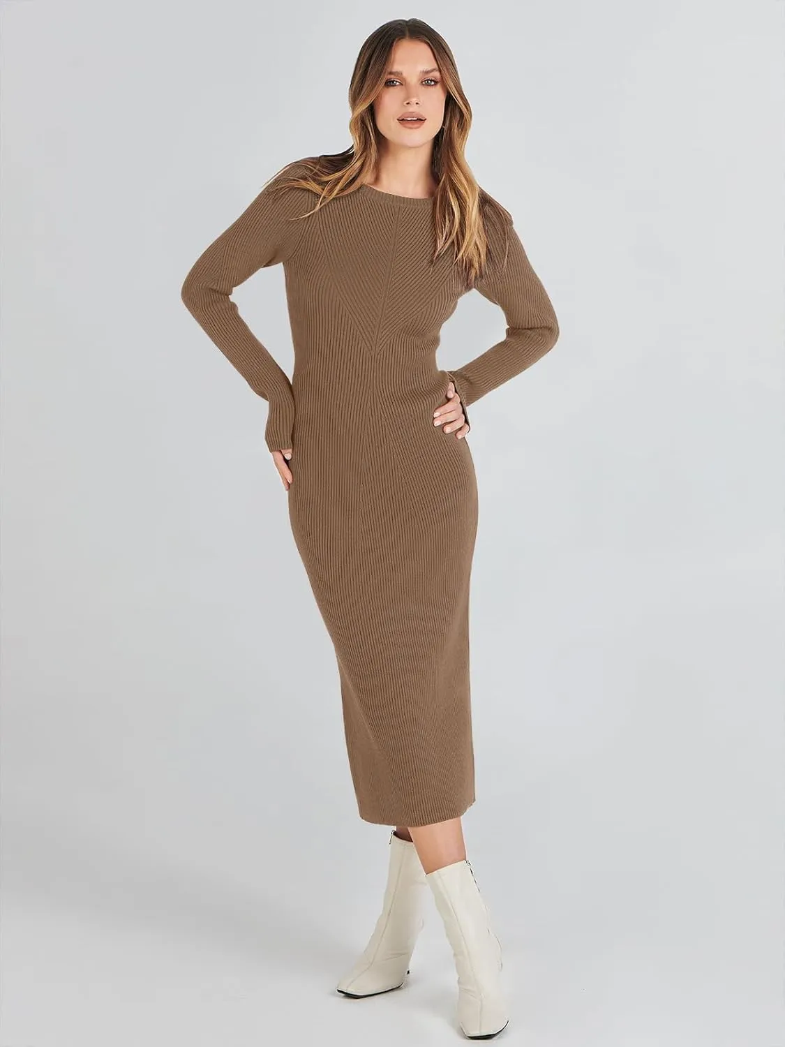 ANRABESS Women Long Sleeve Crewneck Sweater Dress Ribbed Knit Stretch Slim Fit Bodycon Midi Dresses Fall Fashion Outfits