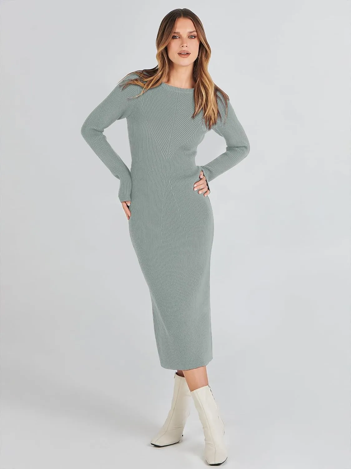 ANRABESS Women Long Sleeve Crewneck Sweater Dress Ribbed Knit Stretch Slim Fit Bodycon Midi Dresses Fall Fashion Outfits
