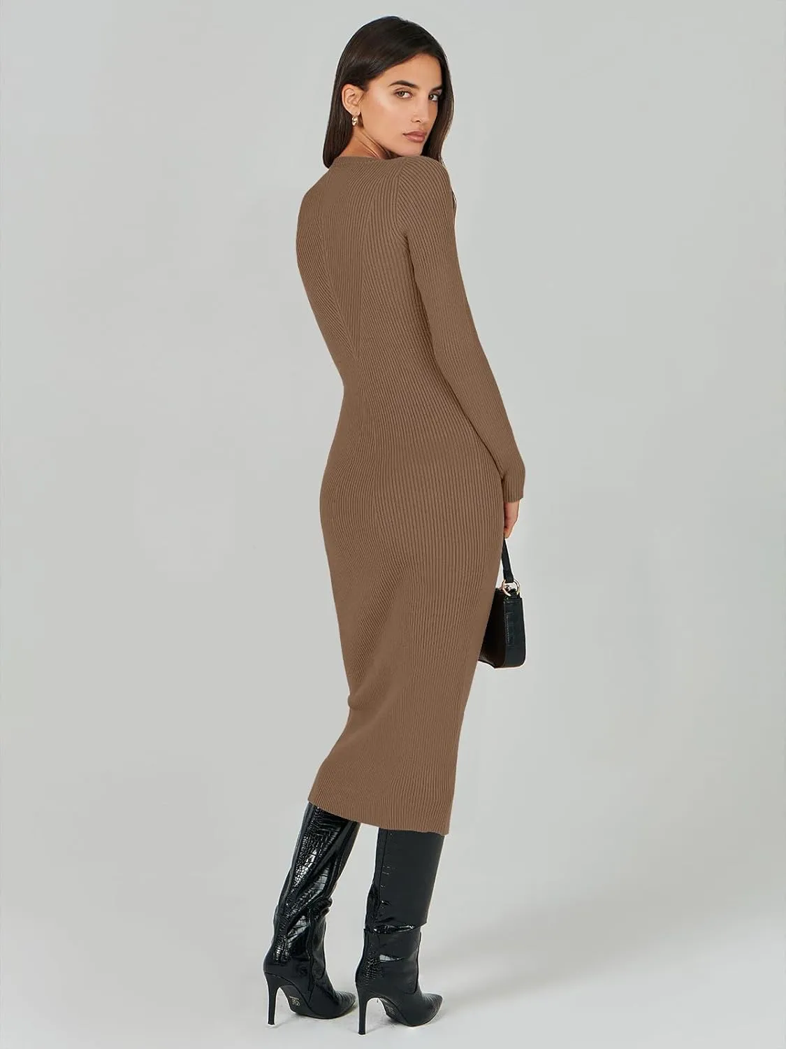 ANRABESS Women Long Sleeve Crewneck Sweater Dress Ribbed Knit Stretch Slim Fit Bodycon Midi Dresses Fall Fashion Outfits