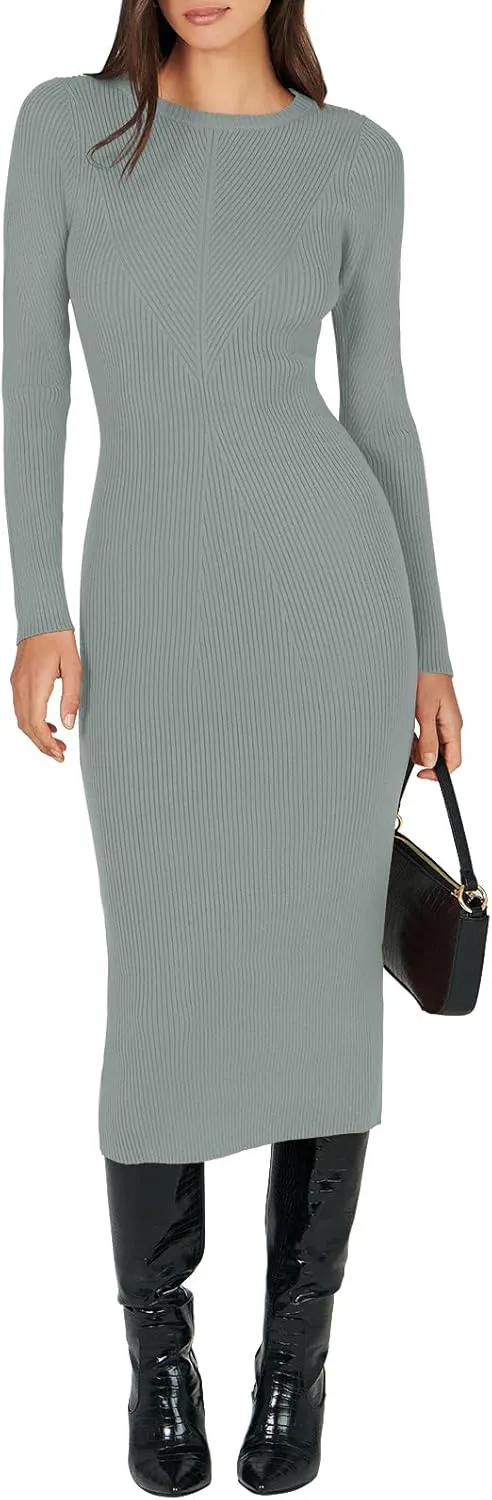 ANRABESS Women Long Sleeve Crewneck Sweater Dress Ribbed Knit Stretch Slim Fit Bodycon Midi Dresses Fall Fashion Outfits