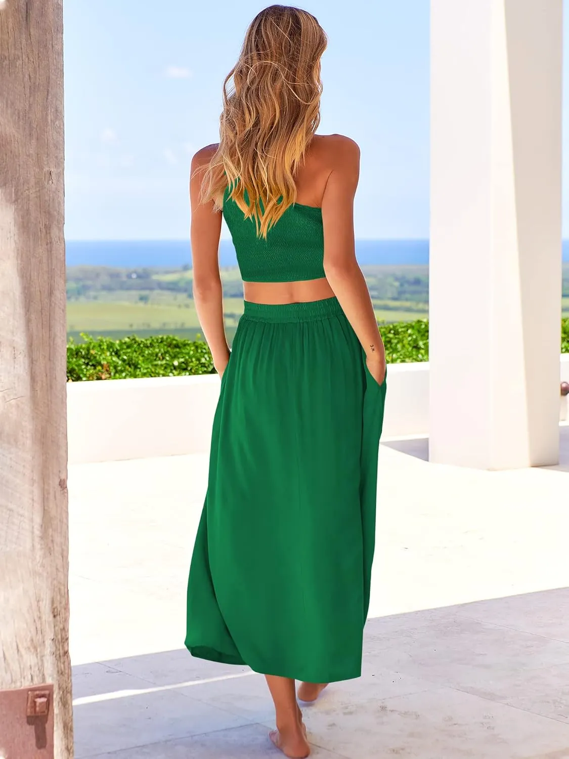 ANRABESS Women's 2 Pieces Outfits One Shoulder Smocked Crop Top & High Waist Long Skirt Dress Set with Pockets