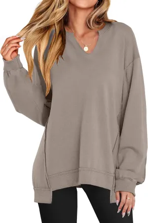 ANRABESS Womens Oversized Sweatshirts V Neck Long Sleeve Tunic Lightweight Pullover Shirts 2025 Fall Tops Teen Girls Outfits
