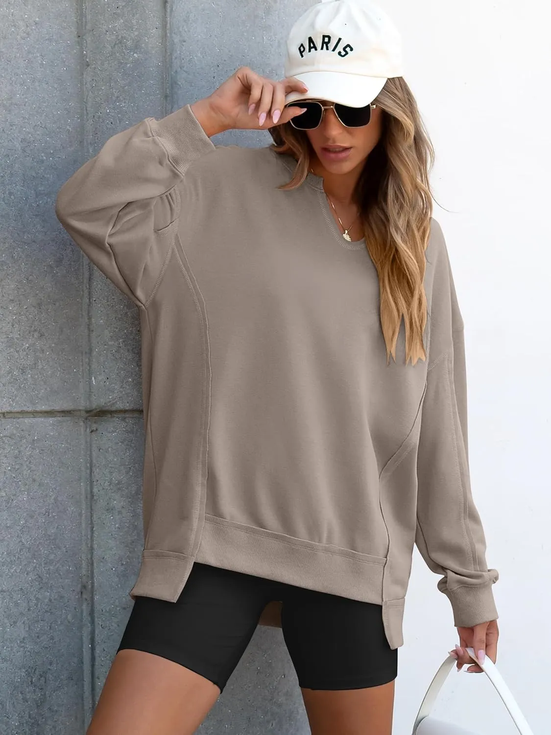 ANRABESS Womens Oversized Sweatshirts V Neck Long Sleeve Tunic Lightweight Pullover Shirts 2025 Fall Tops Teen Girls Outfits