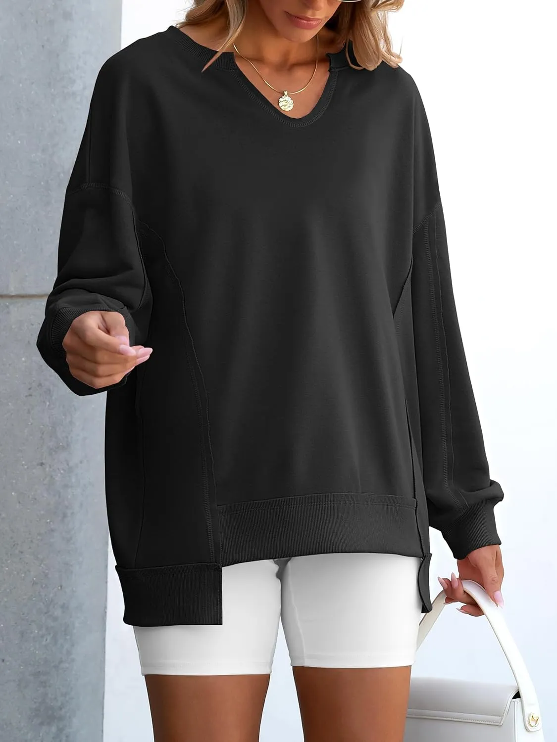 ANRABESS Womens Oversized Sweatshirts V Neck Long Sleeve Tunic Lightweight Pullover Shirts 2025 Fall Tops Teen Girls Outfits