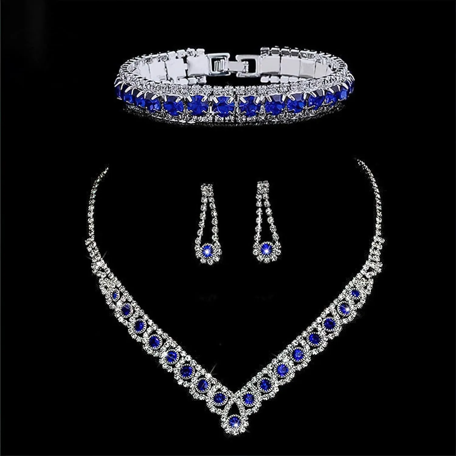 ANUFER Women's Zircon Rhinestones 4 Pieces Jewelry and Clutch Purse Set for Wedding Prom Evening Party