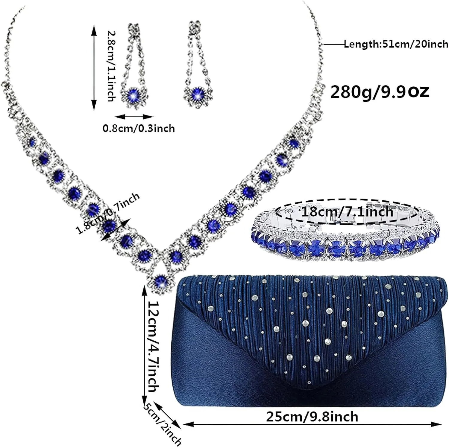 ANUFER Women's Zircon Rhinestones 4 Pieces Jewelry and Clutch Purse Set for Wedding Prom Evening Party