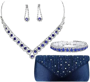 ANUFER Women's Zircon Rhinestones 4 Pieces Jewelry and Clutch Purse Set for Wedding Prom Evening Party
