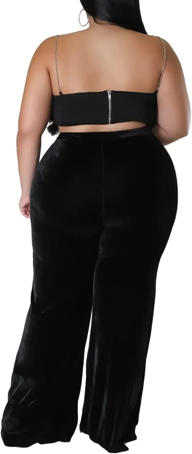 Aro Lora Womens Plus Size Velvet High Waist Bell Bottom Wide Leg Palazzo Flare Pant Trouser