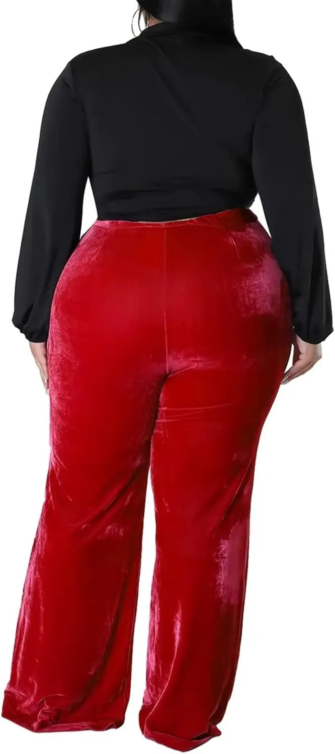 Aro Lora Womens Plus Size Velvet High Waist Bell Bottom Wide Leg Palazzo Flare Pant Trouser