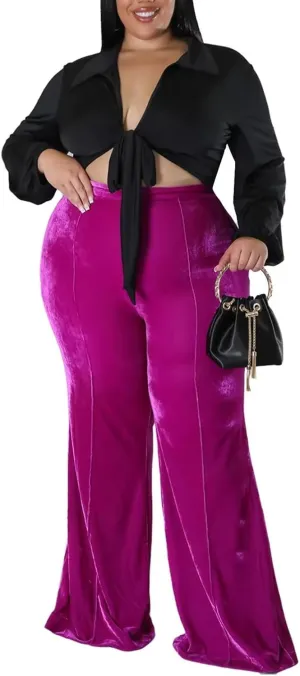 Aro Lora Womens Plus Size Velvet High Waist Bell Bottom Wide Leg Palazzo Flare Pant Trouser