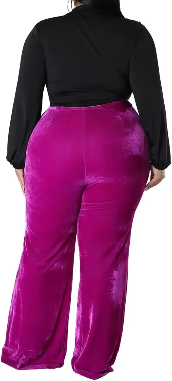 Aro Lora Womens Plus Size Velvet High Waist Bell Bottom Wide Leg Palazzo Flare Pant Trouser