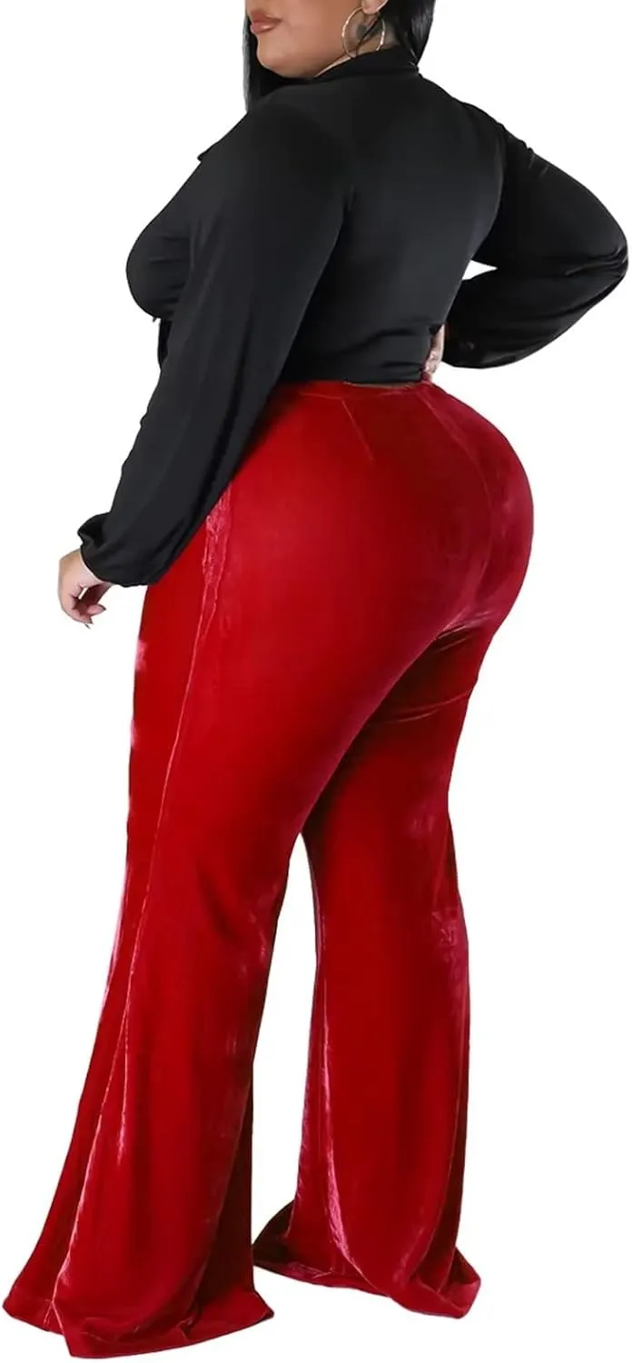 Aro Lora Womens Plus Size Velvet High Waist Bell Bottom Wide Leg Palazzo Flare Pant Trouser