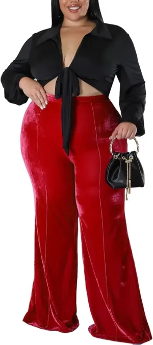 Aro Lora Womens Plus Size Velvet High Waist Bell Bottom Wide Leg Palazzo Flare Pant Trouser