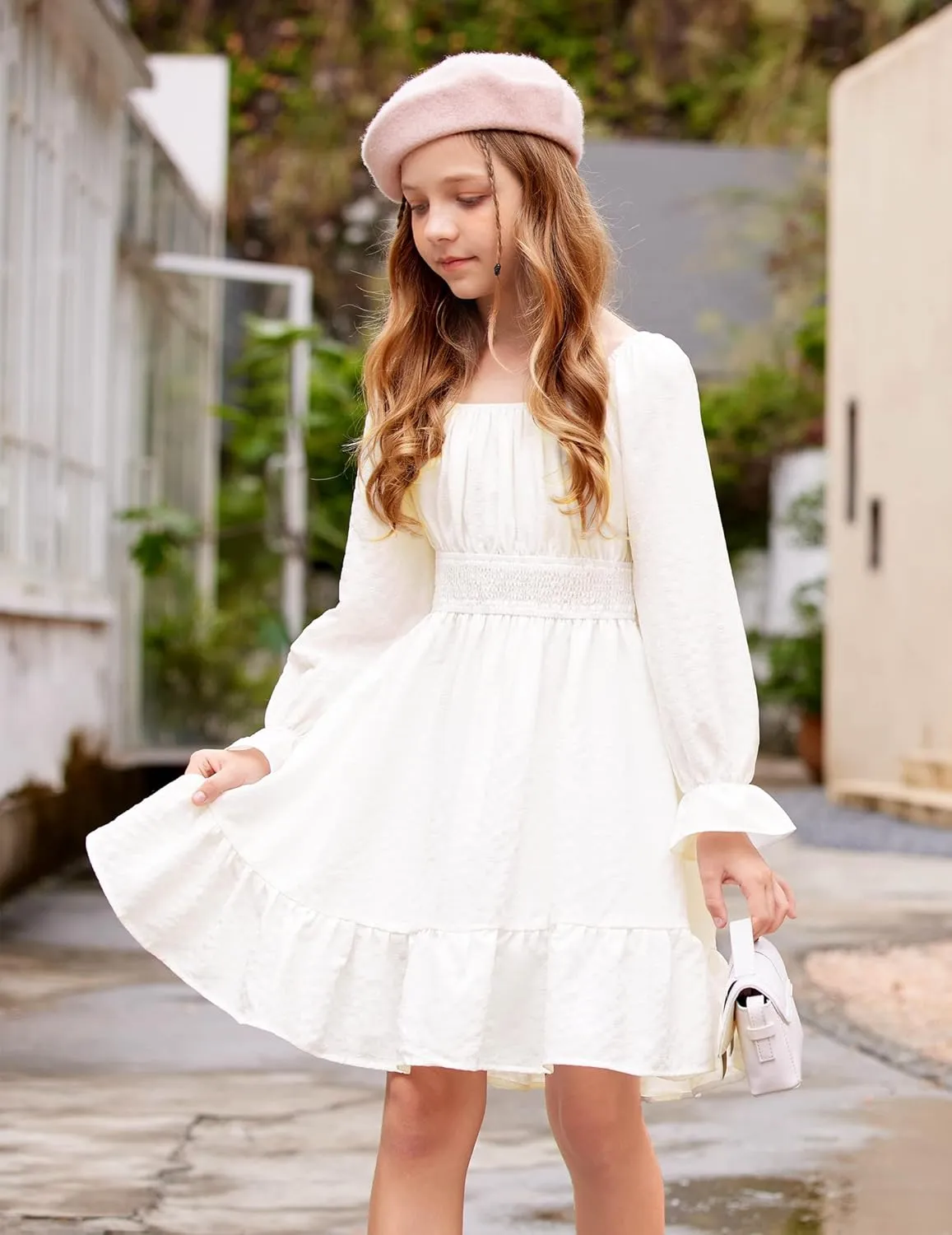 Arshiner Girls Dresses Long Sleeve Tie Back Fall Winter Off Shoulder Dress Kids Clothes