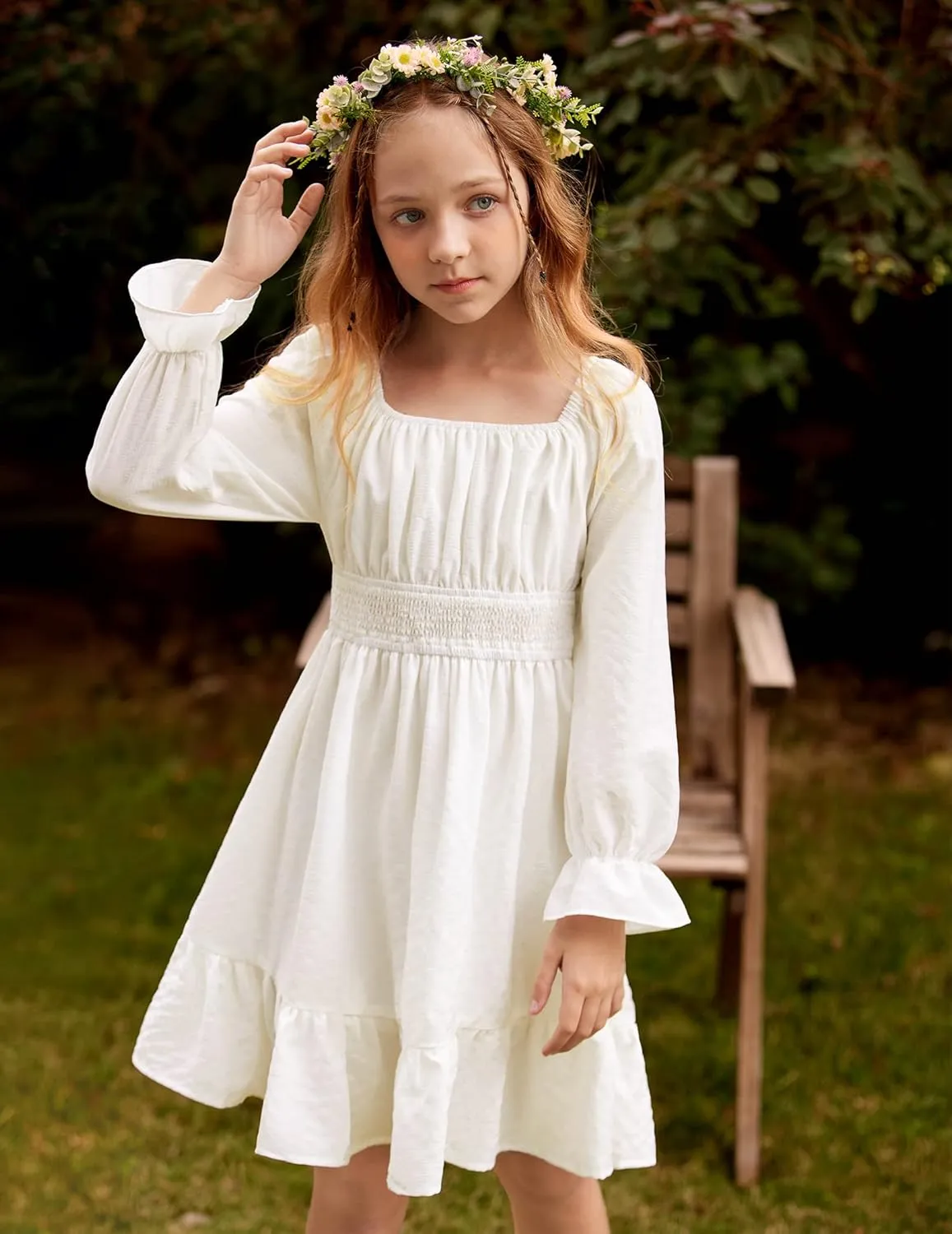 Arshiner Girls Dresses Long Sleeve Tie Back Fall Winter Off Shoulder Dress Kids Clothes