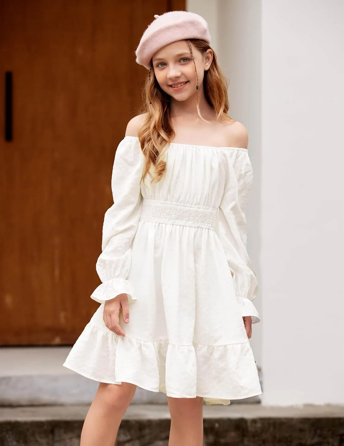Arshiner Girls Dresses Long Sleeve Tie Back Fall Winter Off Shoulder Dress Kids Clothes